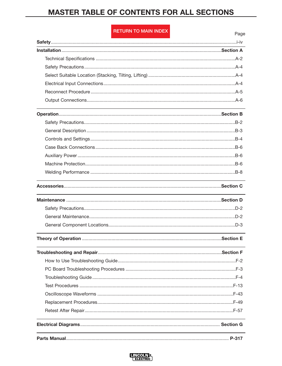 Master toc, Retur, N to master toc | Lincoln Electric IDEALARC DC-655 User Manual | Page 6 / 109