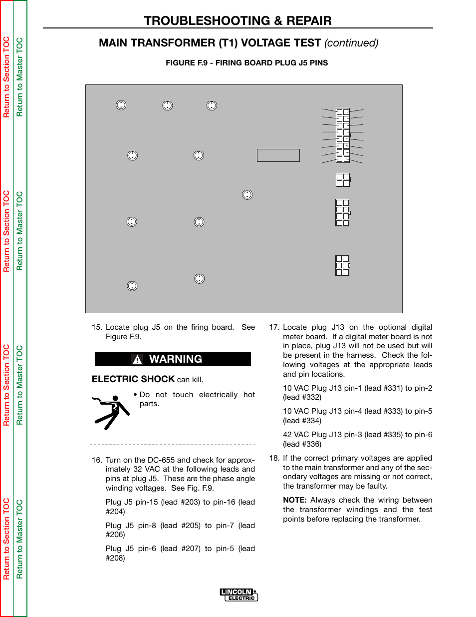 Troubleshooting & repair, Main transformer (t1) voltage test (continued), Warning | Lincoln Electric IDEALARC DC-655 User Manual | Page 68 / 109