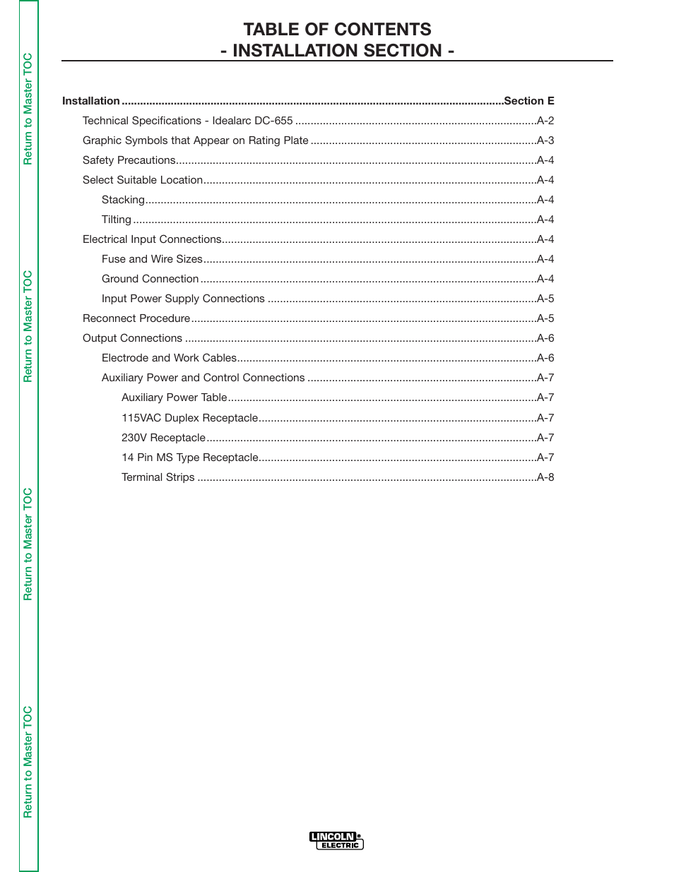 Section a installation | Lincoln Electric IDEALARC DC-655 User Manual | Page 7 / 109