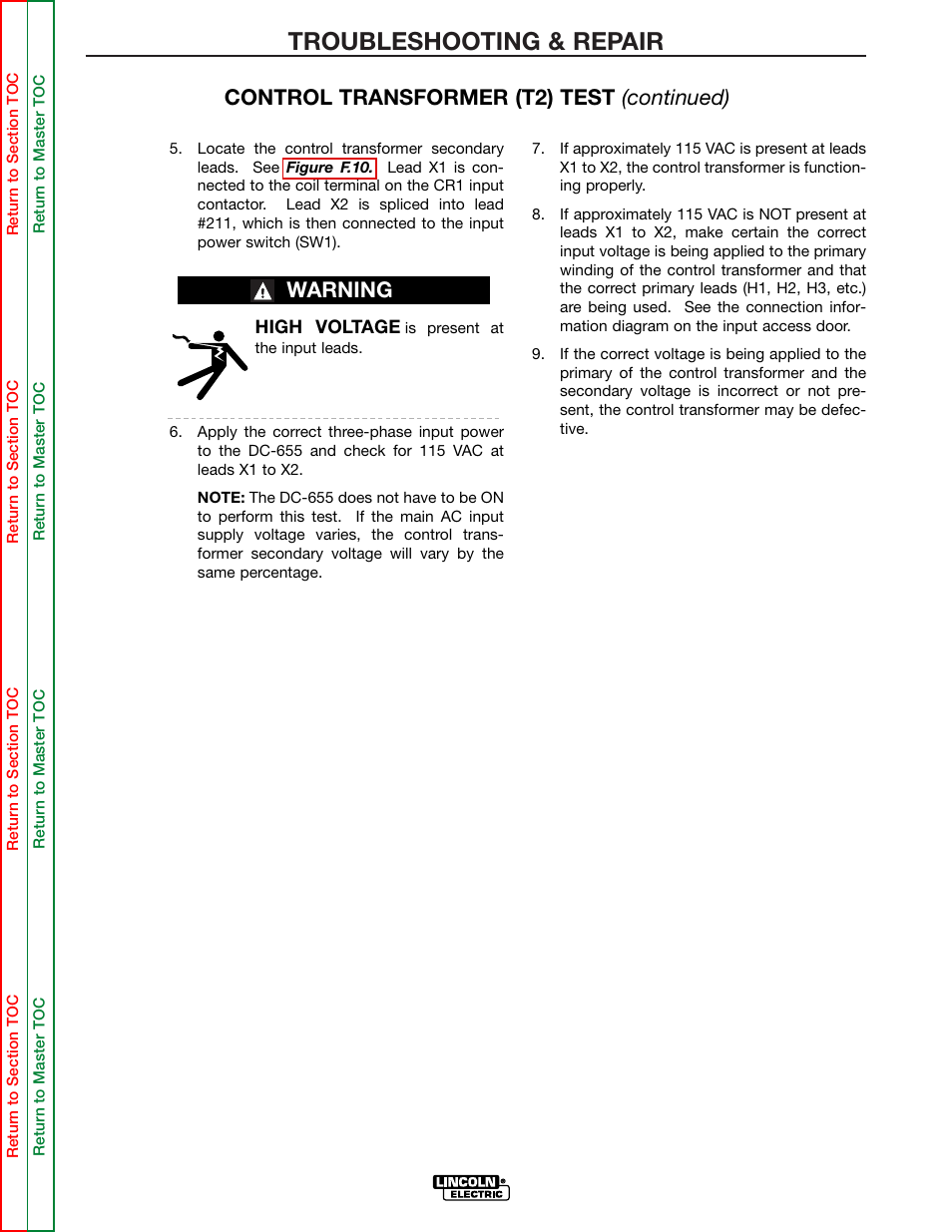 Troubleshooting & repair, Control transformer (t2) test (continued) warning | Lincoln Electric IDEALARC DC-655 User Manual | Page 71 / 109
