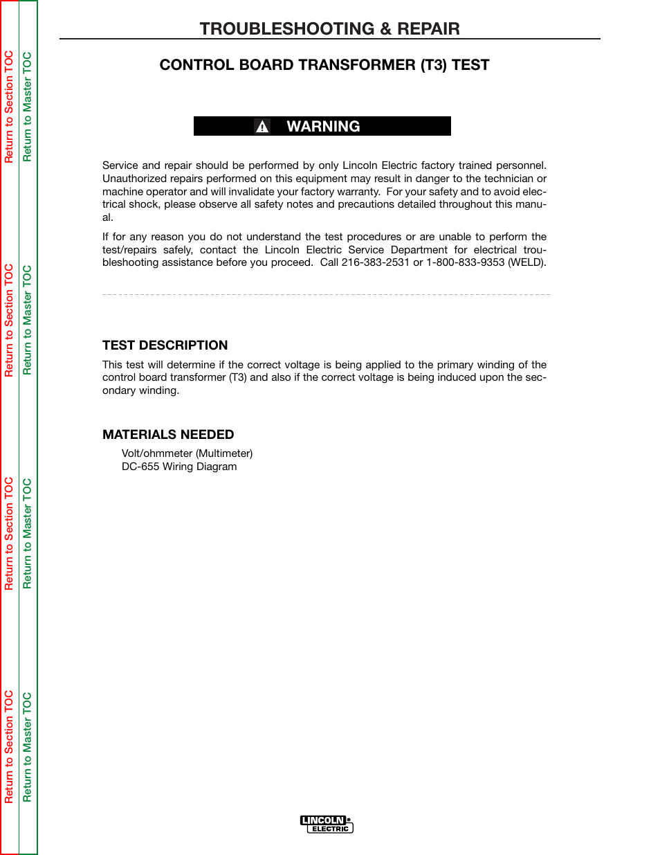 Troubleshooting & repair, Warning control board transformer (t3) test | Lincoln Electric IDEALARC DC-655 User Manual | Page 72 / 109