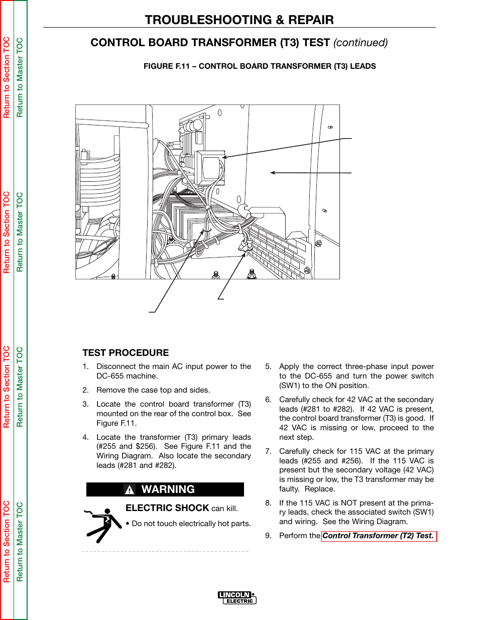 Troubleshooting & repair, Control board transformer (t3) test (continued), Warning | Lincoln Electric IDEALARC DC-655 User Manual | Page 73 / 109