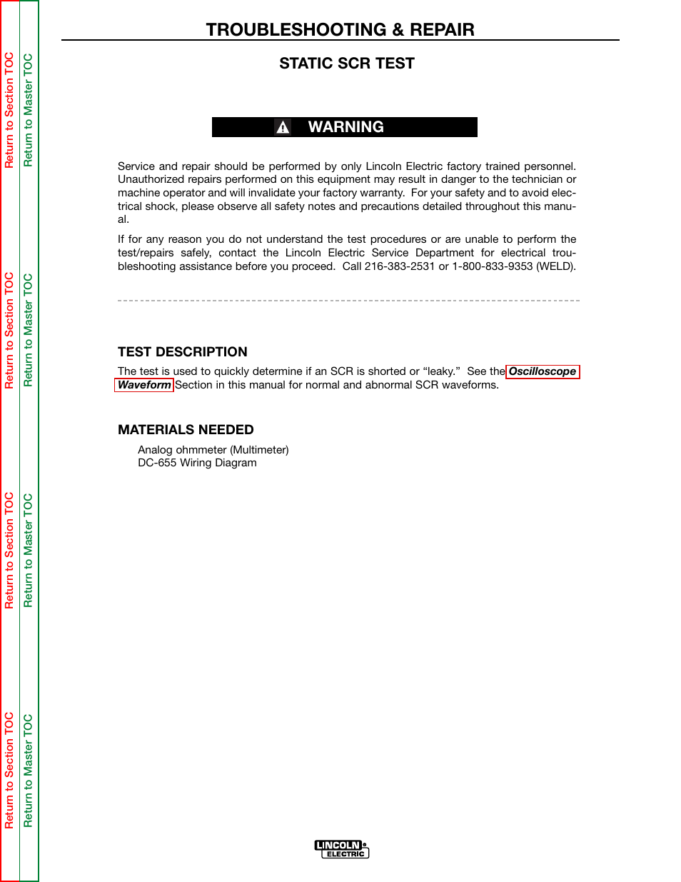 Scr output, Bridge test, Perform the scr bridge test | Perform the scr output bridge test, D. perform the scr output bridge test, Troubleshooting & repair, Warning static scr test | Lincoln Electric IDEALARC DC-655 User Manual | Page 77 / 109