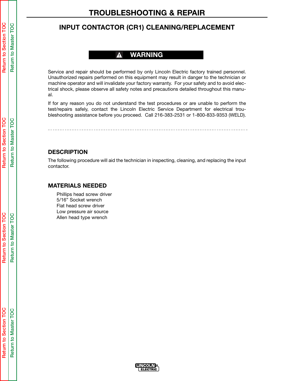 Troubleshooting & repair, Warning input contactor (cr1) cleaning/replacement | Lincoln Electric IDEALARC DC-655 User Manual | Page 91 / 109