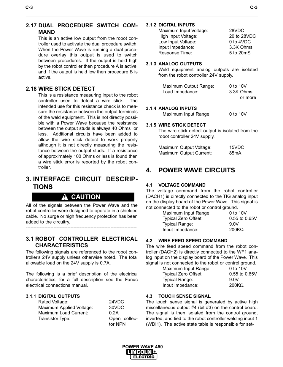 Robotic interface, Interface circuit descrip- tions, Power wave circuits | Caution | Lincoln Electric INVERTEC POWER WAVE IM542-D User Manual | Page 37 / 68