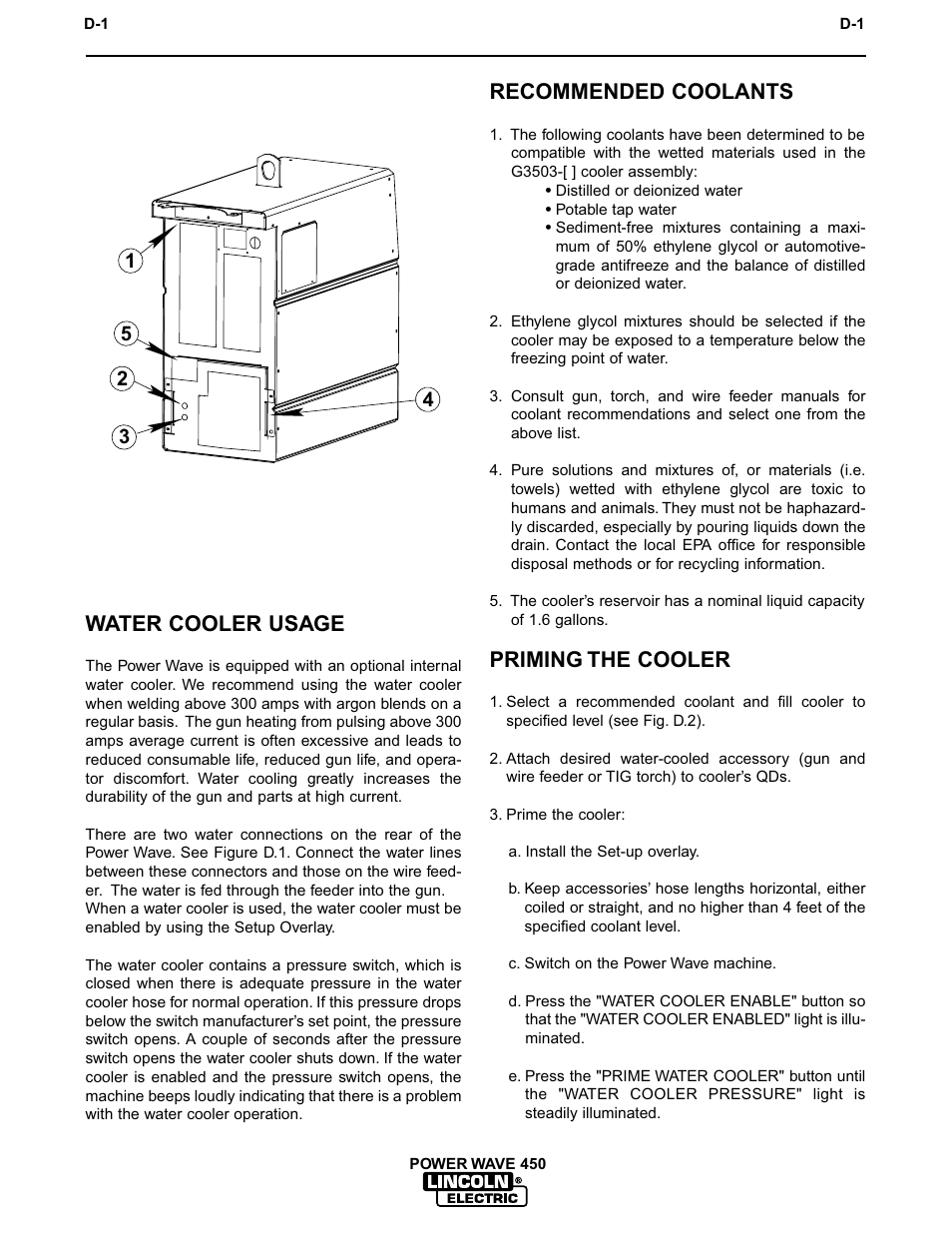 Accessories, Water cooler usage, Recommended coolants | Priming the cooler | Lincoln Electric INVERTEC POWER WAVE IM542-D User Manual | Page 41 / 68