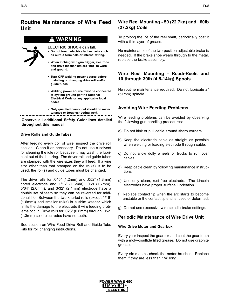 Accessories, Routine maintenance of wire feed unit, Warning | Lincoln Electric INVERTEC POWER WAVE IM542-D User Manual | Page 48 / 68