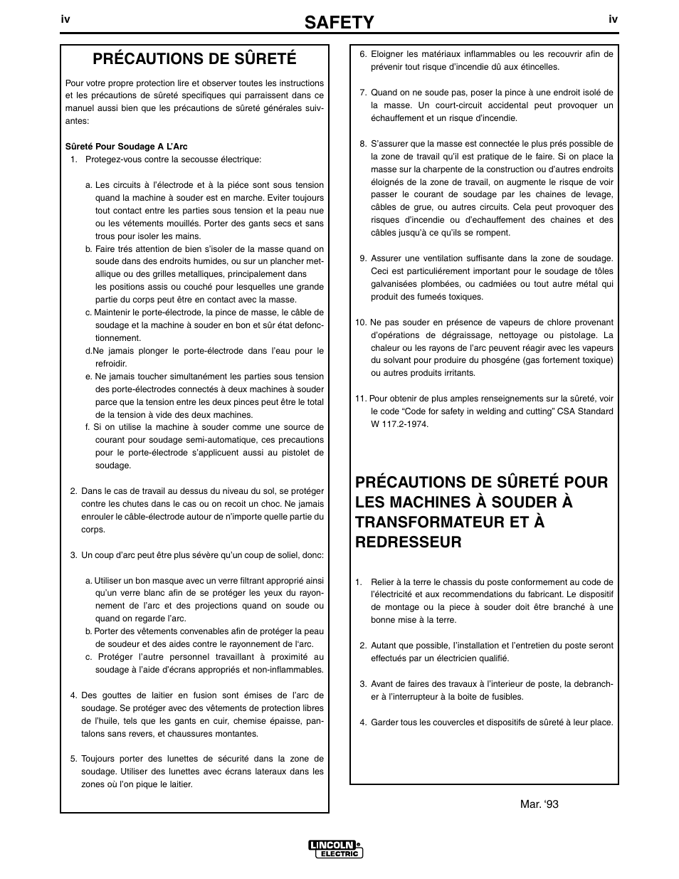 Safety, Précautions de sûreté | Lincoln Electric INVERTEC POWER WAVE IM542-D User Manual | Page 5 / 68