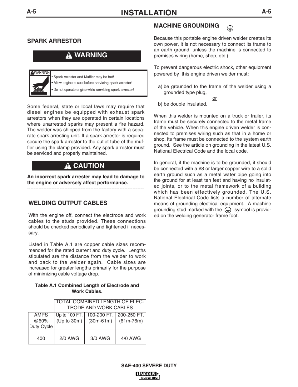 Installation, Caution warning | Lincoln Electric IM870-A User Manual | Page 12 / 34