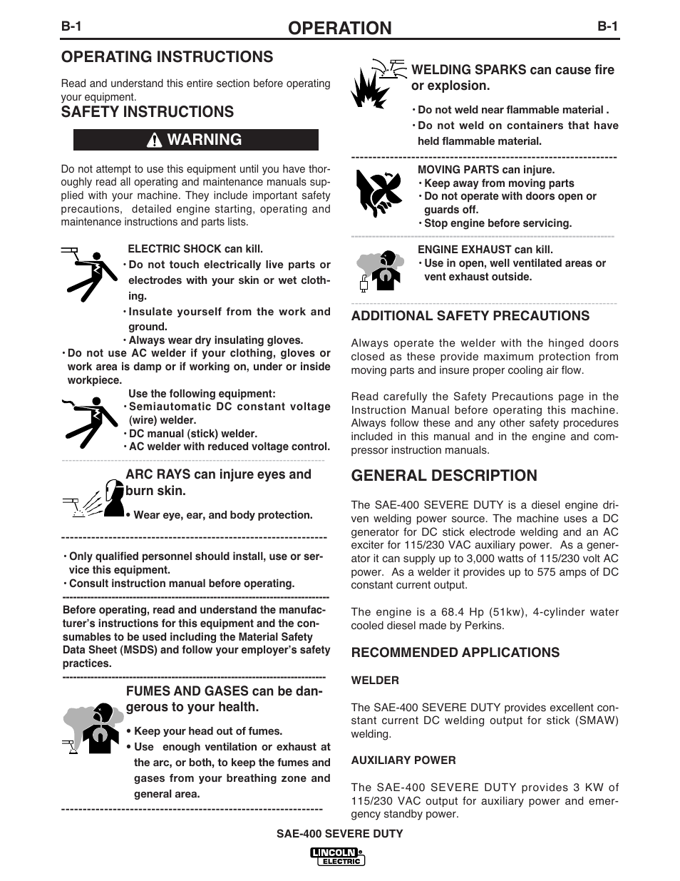 Operation, General description, Operating instructions | Safety instructions, Warning | Lincoln Electric IM870-A User Manual | Page 13 / 34