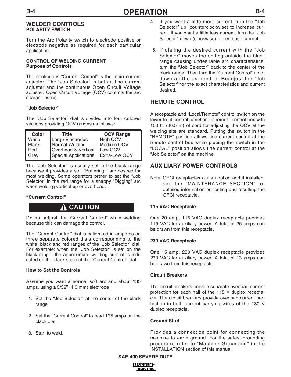 Operation, Caution | Lincoln Electric IM870-A User Manual | Page 16 / 34