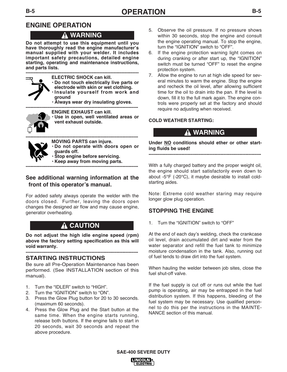 Operation, Engine operation, Warning | Warning caution | Lincoln Electric IM870-A User Manual | Page 17 / 34