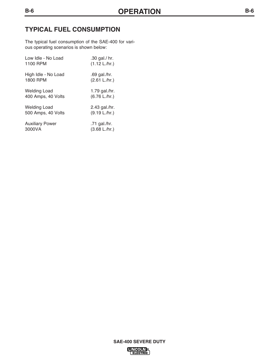 Operation, Typical fuel consumption | Lincoln Electric IM870-A User Manual | Page 18 / 34
