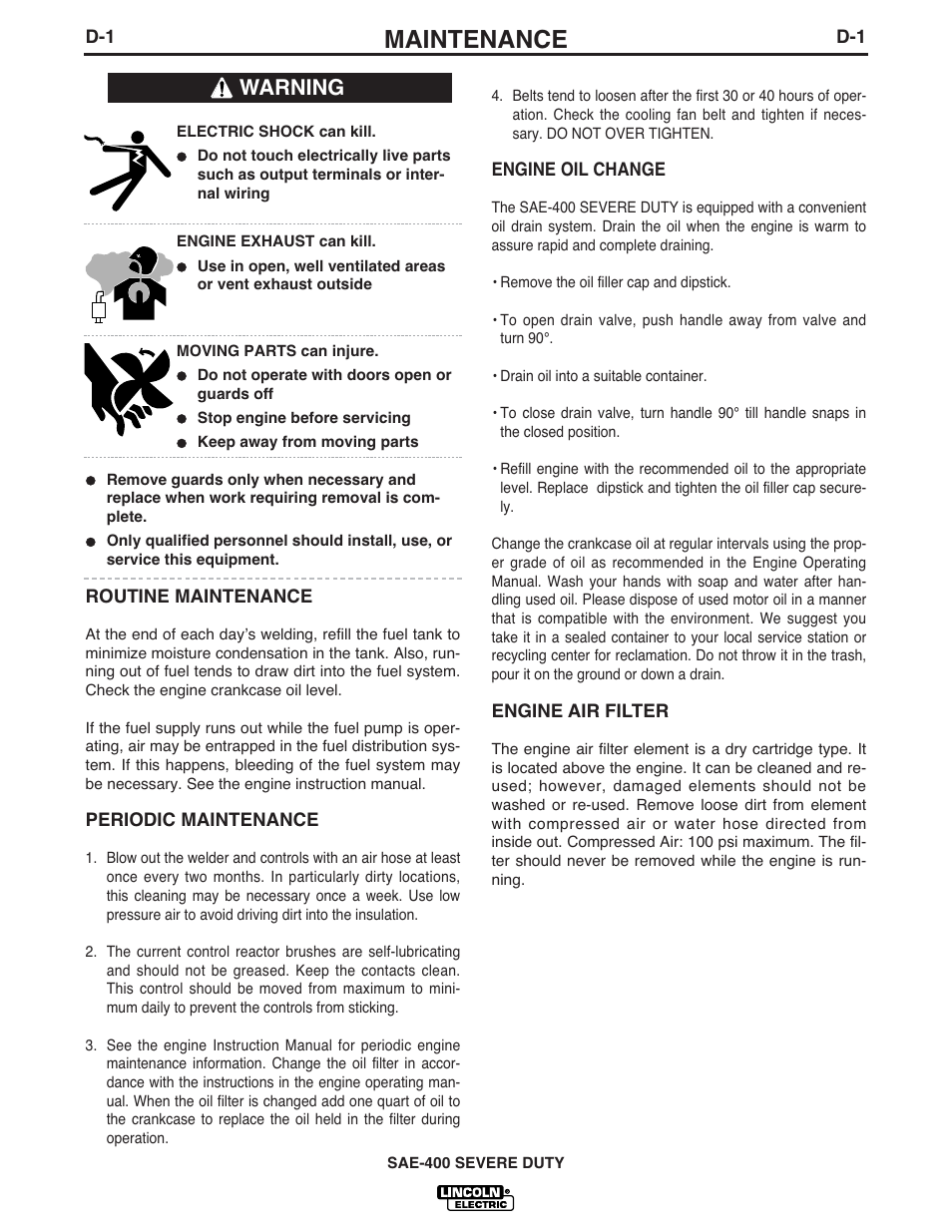 Maintenance, Warning | Lincoln Electric IM870-A User Manual | Page 20 / 34