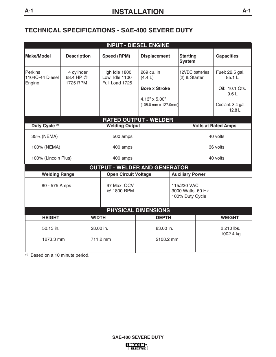 Installation, Technical specifications - sae-400 severe duty | Lincoln Electric IM870-A User Manual | Page 8 / 34