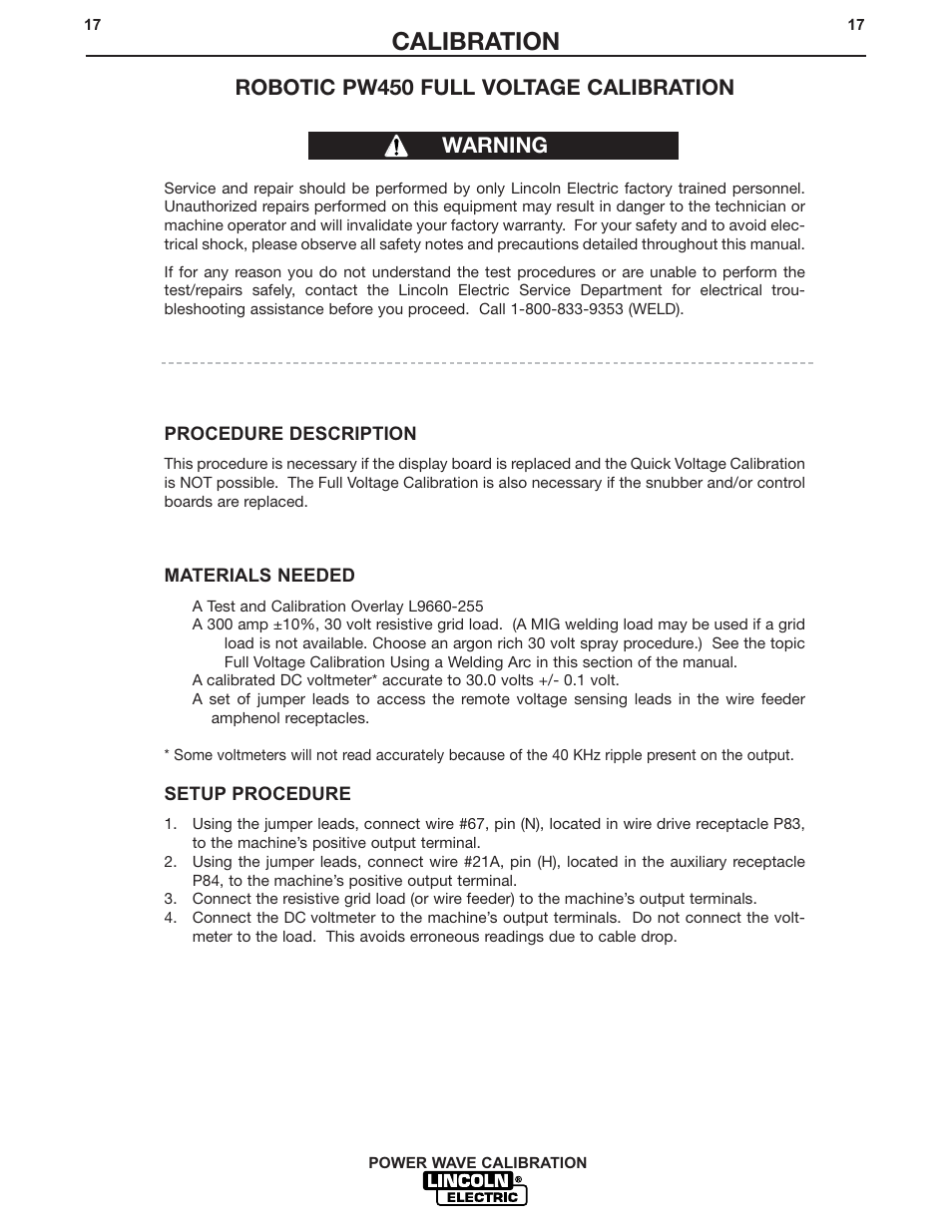 Calibration, Robotic pw450 full voltage calibration, Warning | Lincoln Electric IM573 User Manual | Page 17 / 32