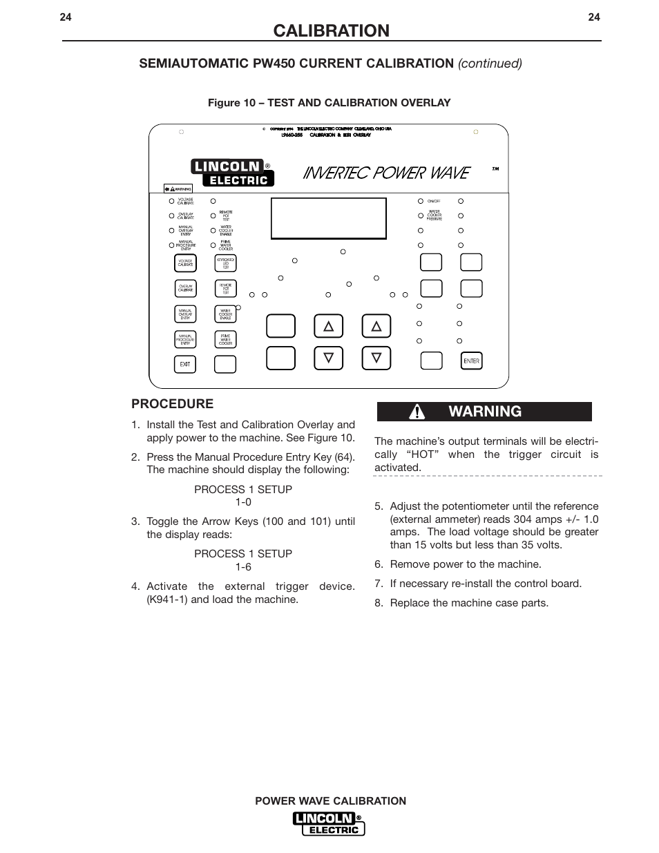 Calibration, Warning, Procedure | Lincoln Electric IM573 User Manual | Page 24 / 32