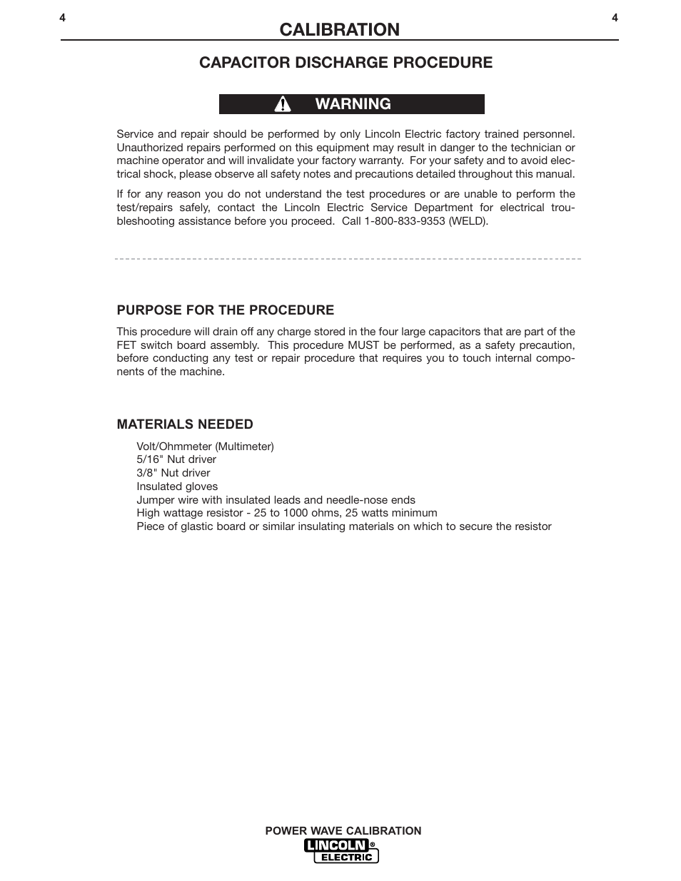 Calibration, Capacitor discharge procedure, Warning | Lincoln Electric IM573 User Manual | Page 4 / 32