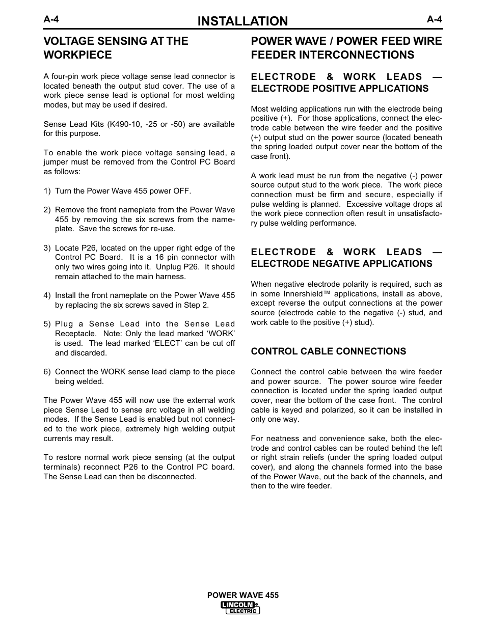 Installation, Voltage sensing at the workpiece | Lincoln Electric POWER WAVE 455TM IM583-A User Manual | Page 11 / 32