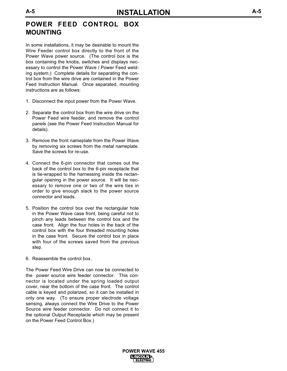 Installation, Power feed control box mounting | Lincoln Electric POWER WAVE 455TM IM583-A User Manual | Page 12 / 32