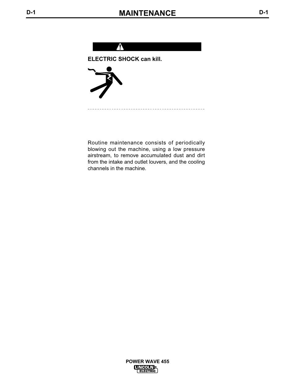 Maintenance, Safety precautions, Routine maintenance | Warning | Lincoln Electric POWER WAVE 455TM IM583-A User Manual | Page 20 / 32