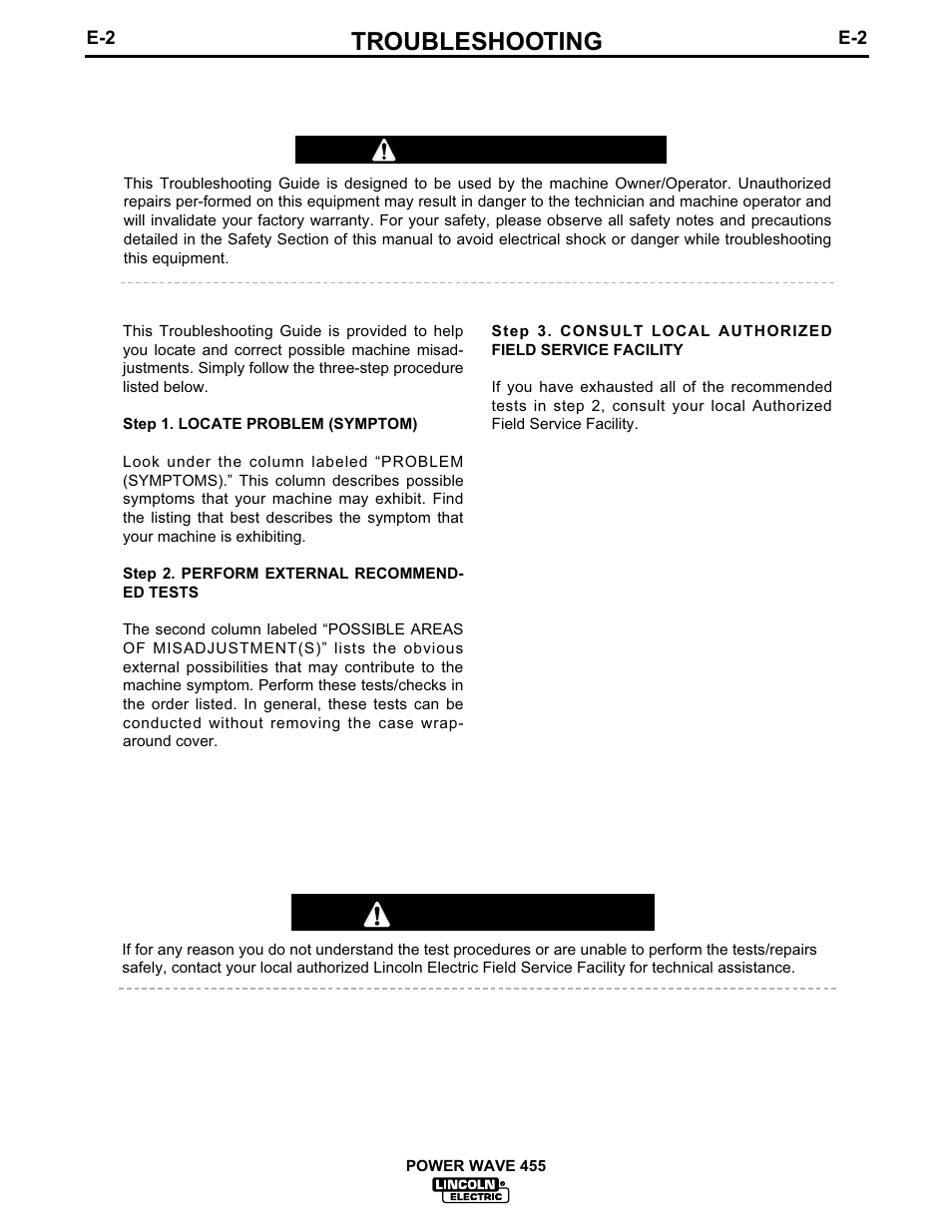 Troubleshooting, How to use troubleshooting guide, Caution warning | Lincoln Electric POWER WAVE 455TM IM583-A User Manual | Page 22 / 32