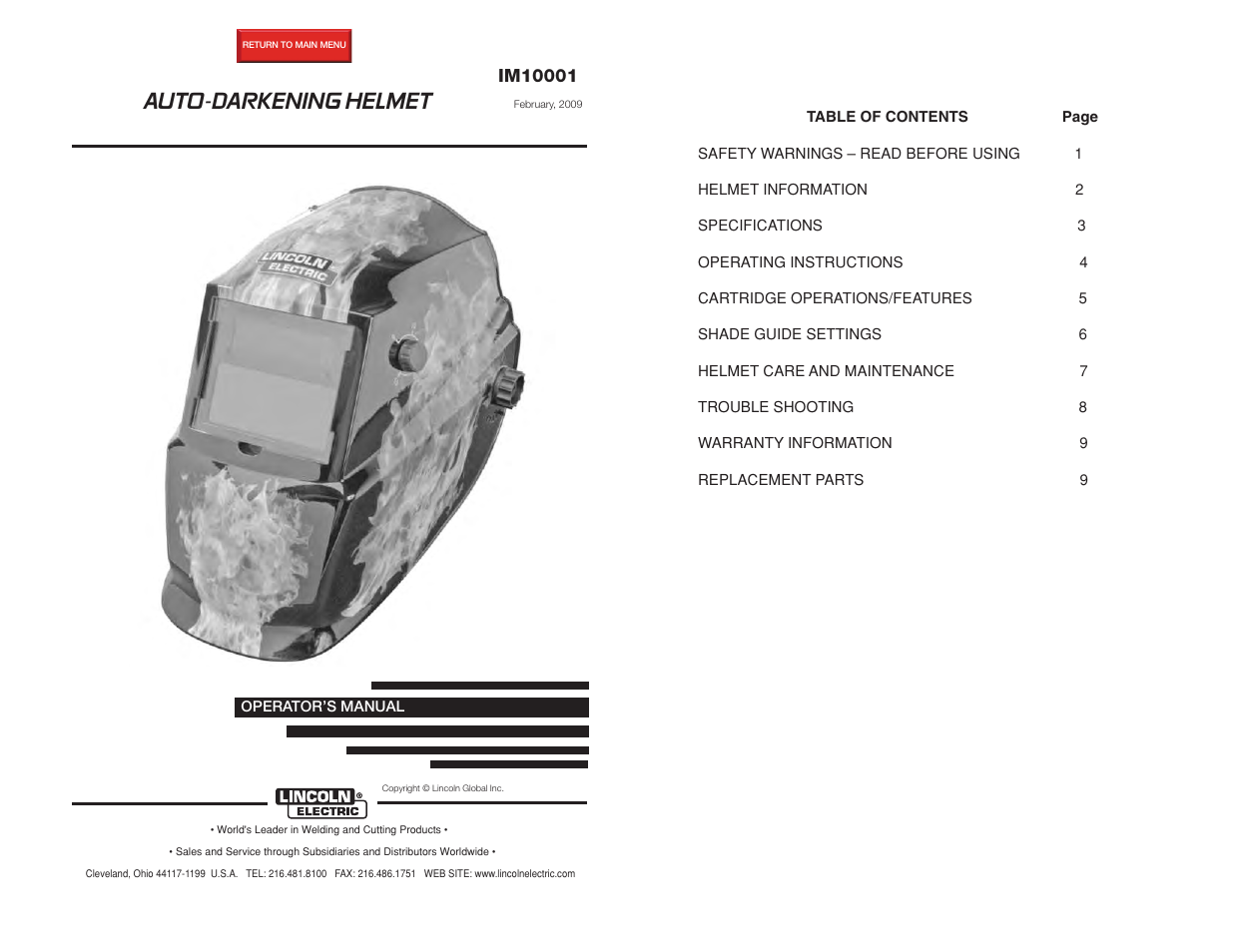 Lincoln Electric AUTO-DARKENING HELMET IM10001 User Manual | 12 pages