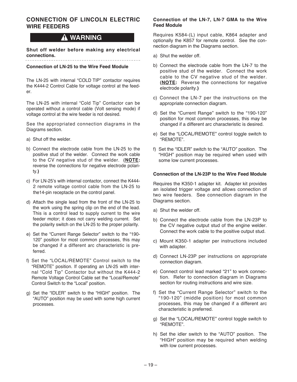 Warning | Lincoln Electric WIRE FEED MODULE IM 513-B User Manual | Page 19 / 44