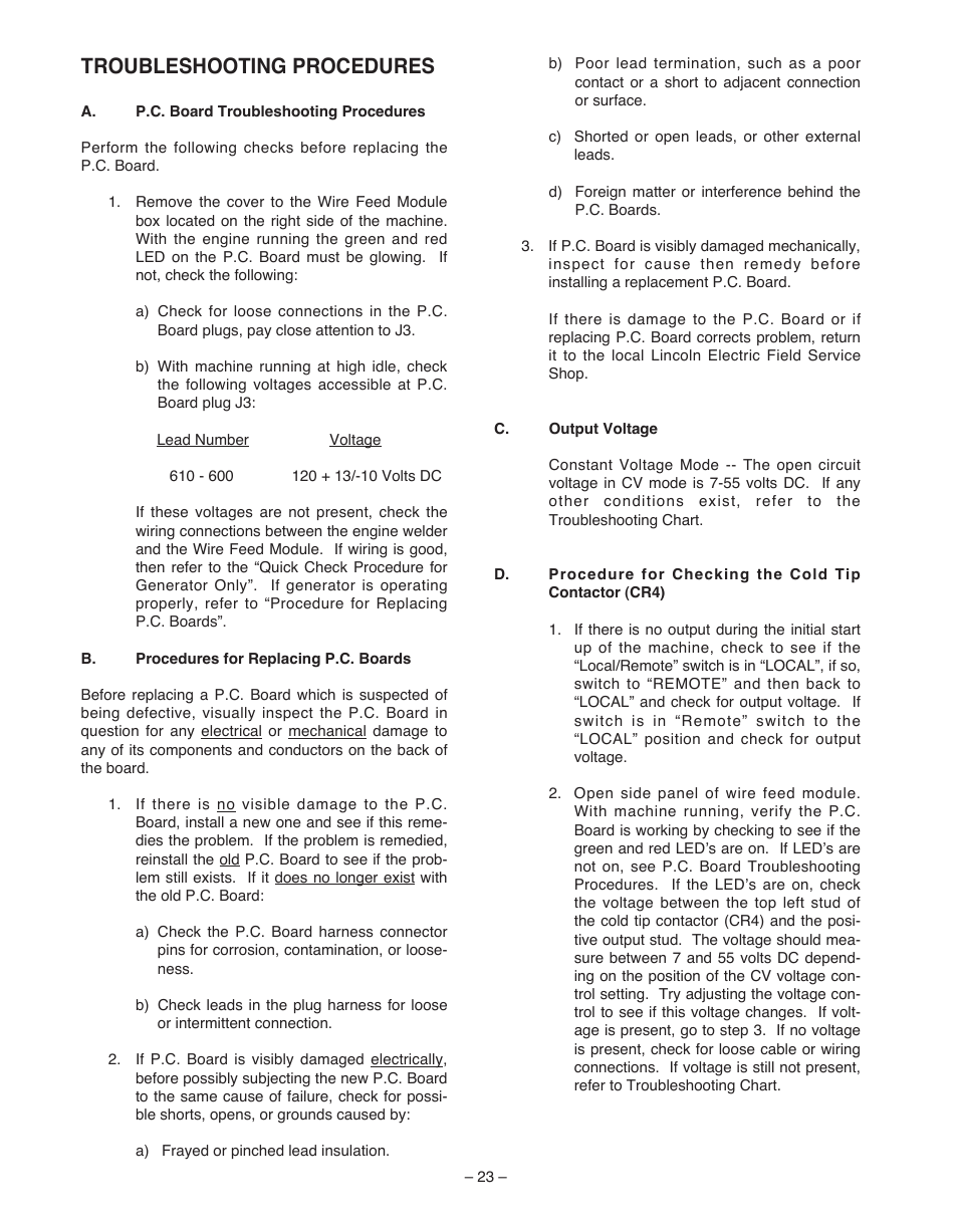 Troubleshooting procedures | Lincoln Electric WIRE FEED MODULE IM 513-B User Manual | Page 23 / 44