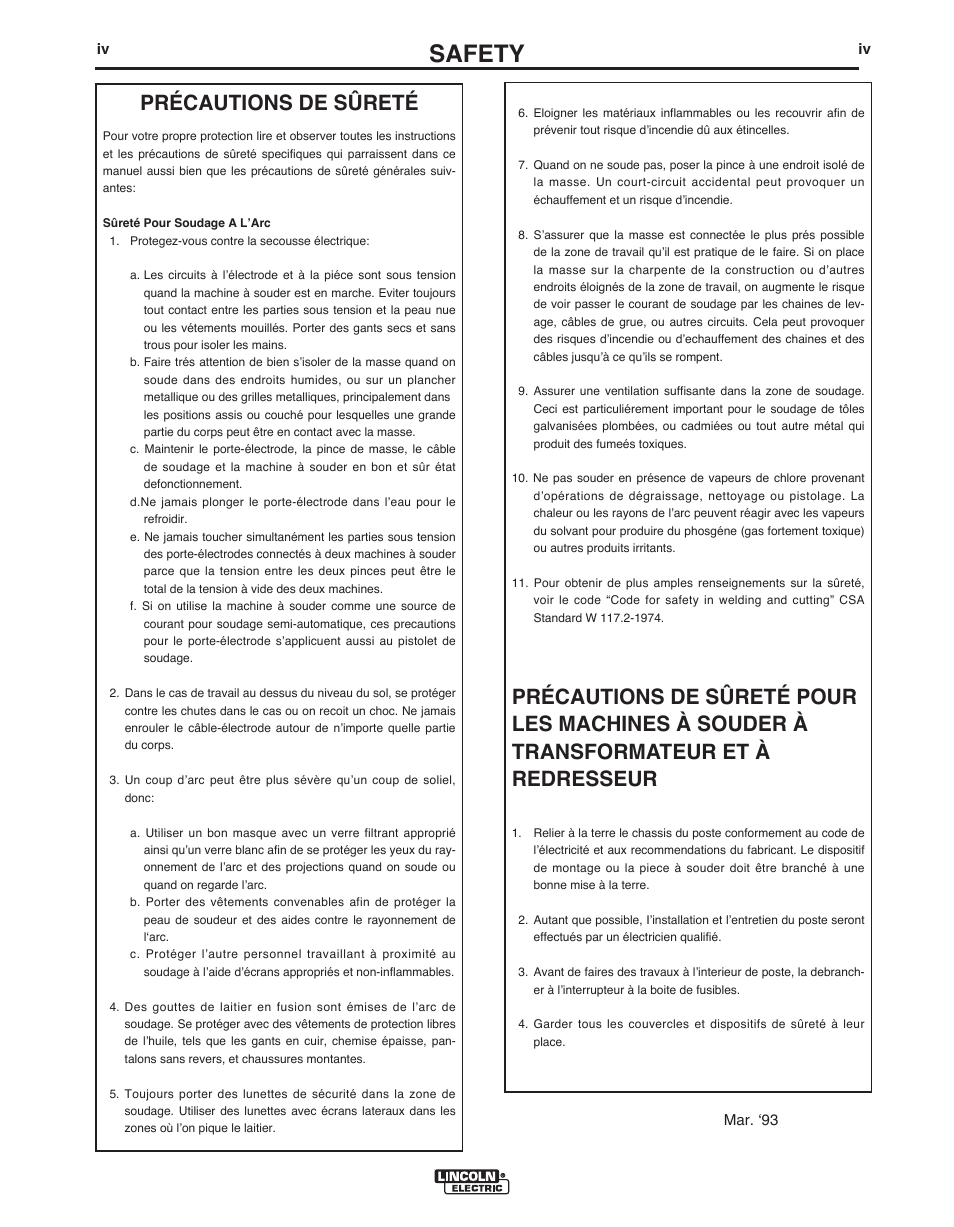 Safety, Précautions de sûreté | Lincoln Electric WIRE FEED MODULE IM 513-B User Manual | Page 5 / 44