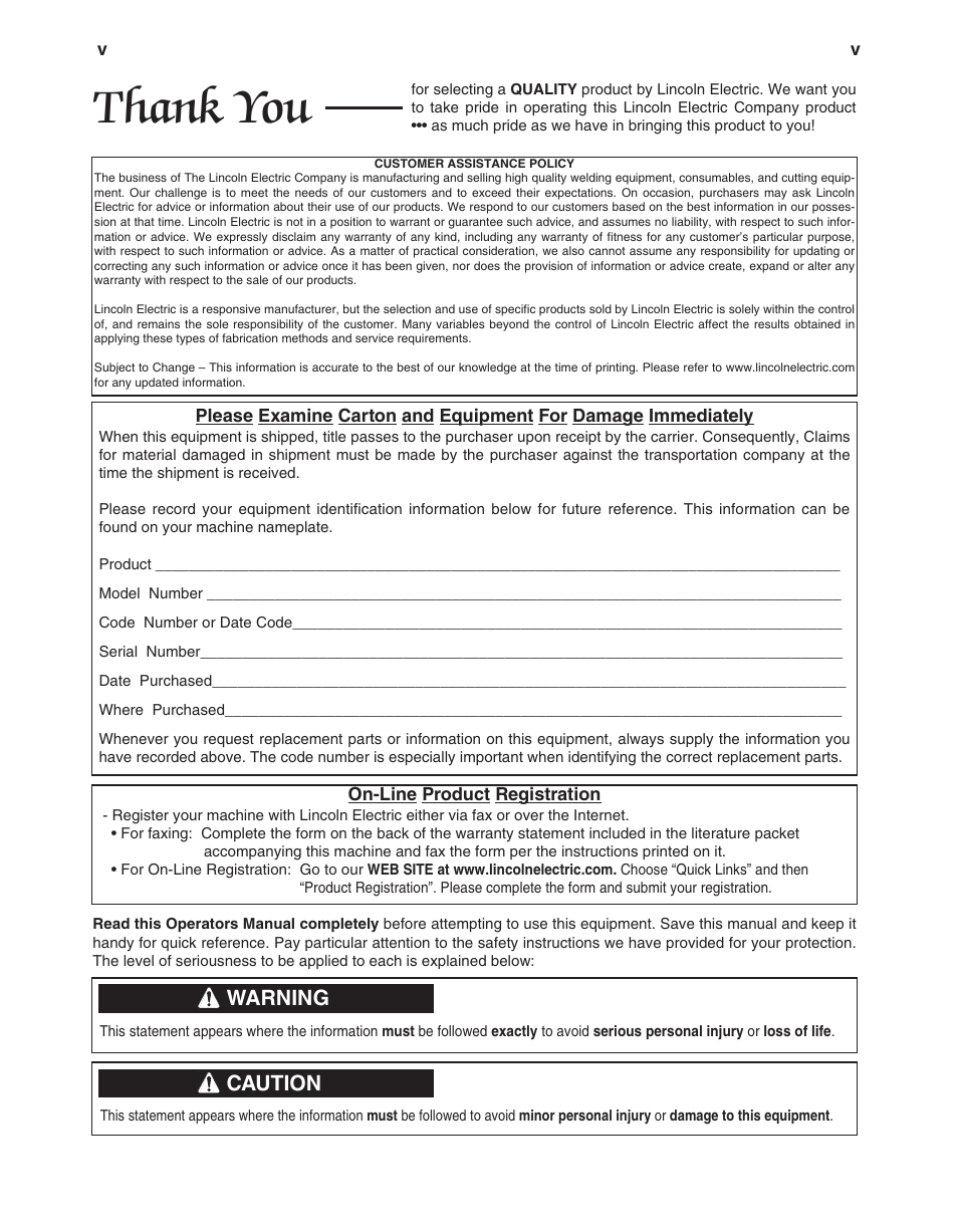 Warning, Caution | Lincoln Electric WIRE FEED MODULE IM 513-B User Manual | Page 6 / 44