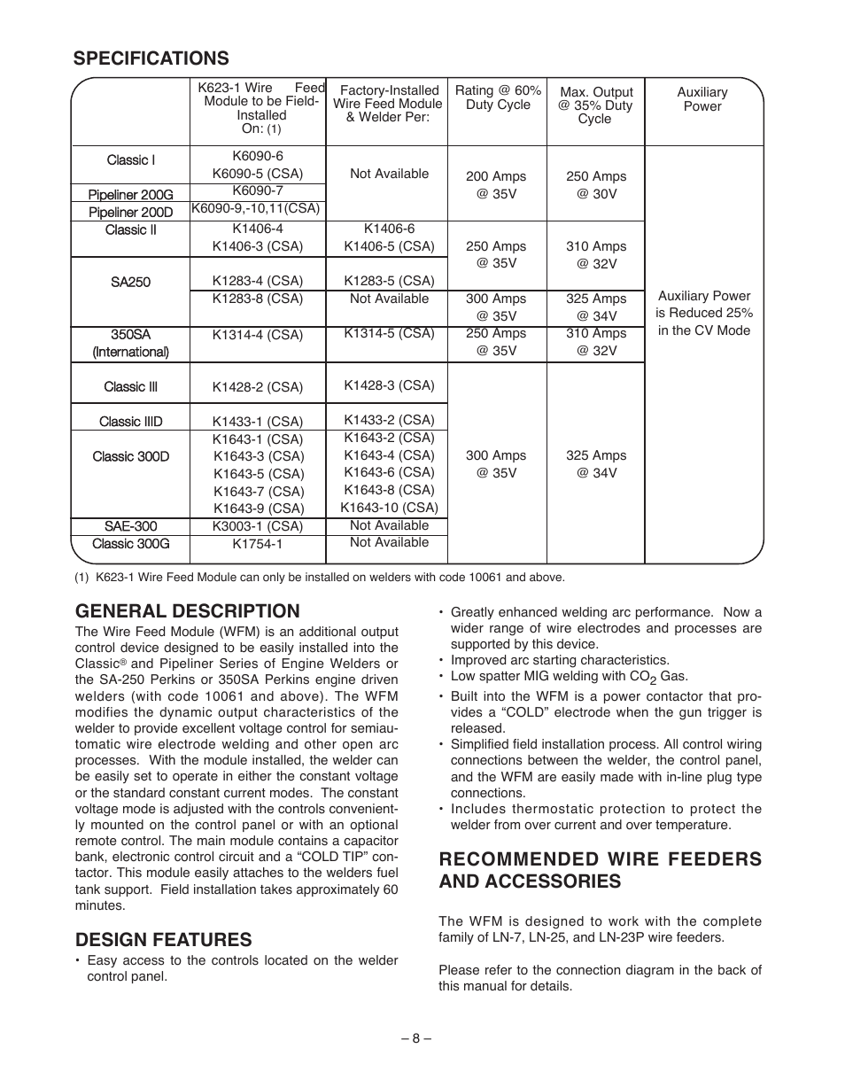 General description, Design features, Recommended wire feeders and accessories | Specifications | Lincoln Electric WIRE FEED MODULE IM 513-B User Manual | Page 8 / 44