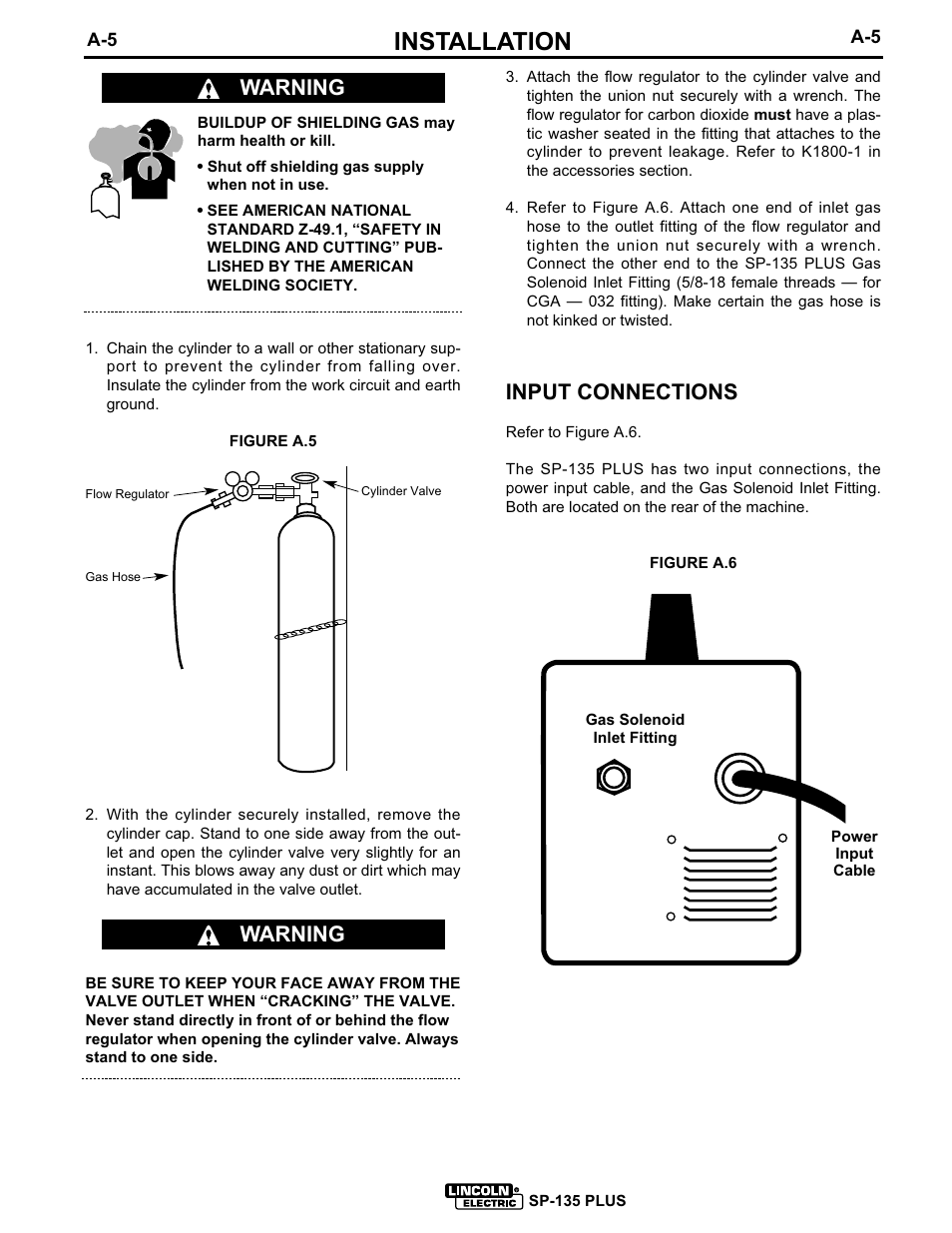Installation, Input connections, Warning | Lincoln Electric SP-135 PLUS IM725 User Manual | Page 12 / 48