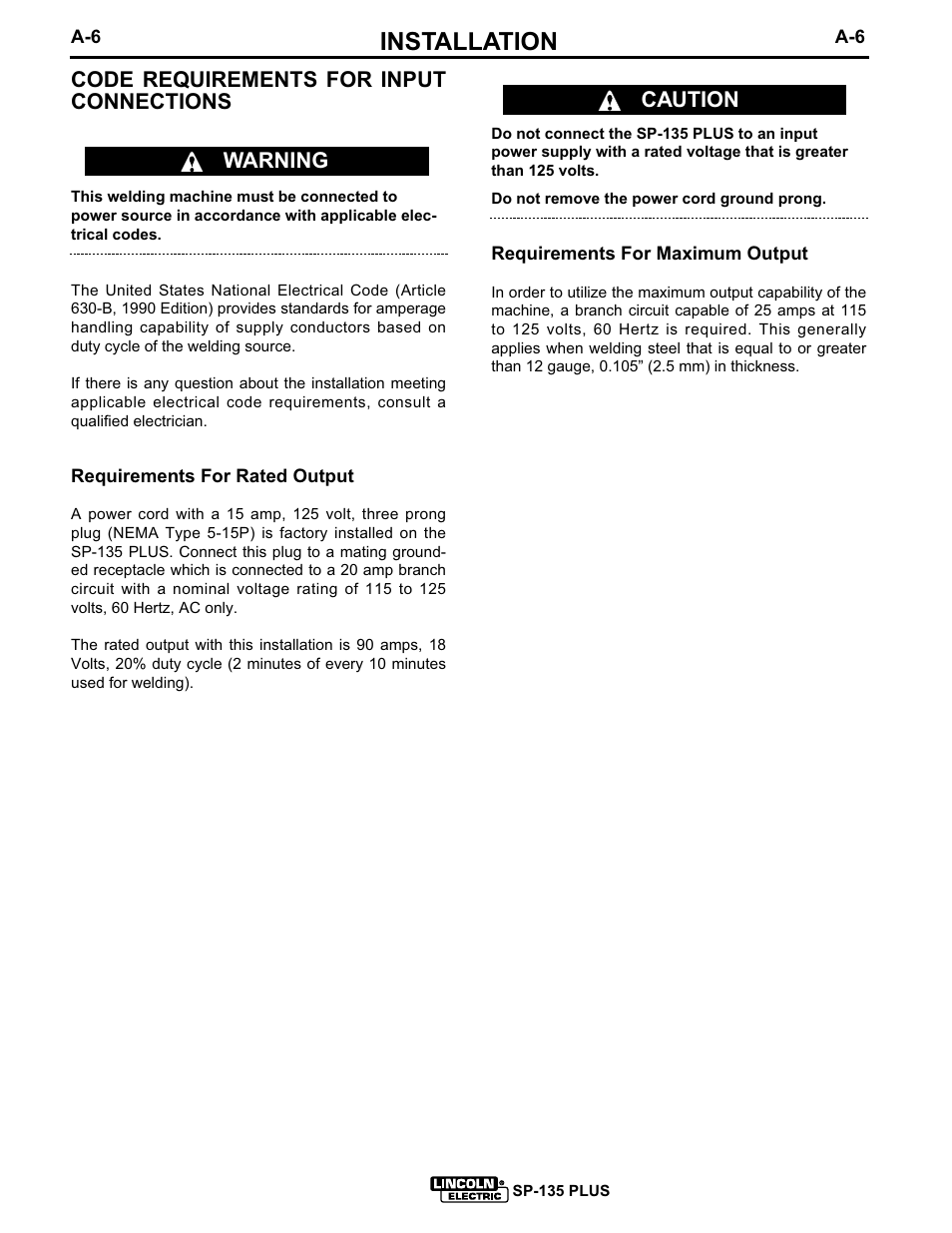 Installation, Code requirements for input connections, Warning caution | Lincoln Electric SP-135 PLUS IM725 User Manual | Page 13 / 48