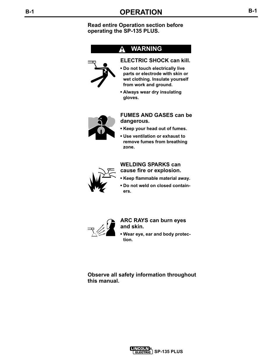 Operation, Warning | Lincoln Electric SP-135 PLUS IM725 User Manual | Page 14 / 48