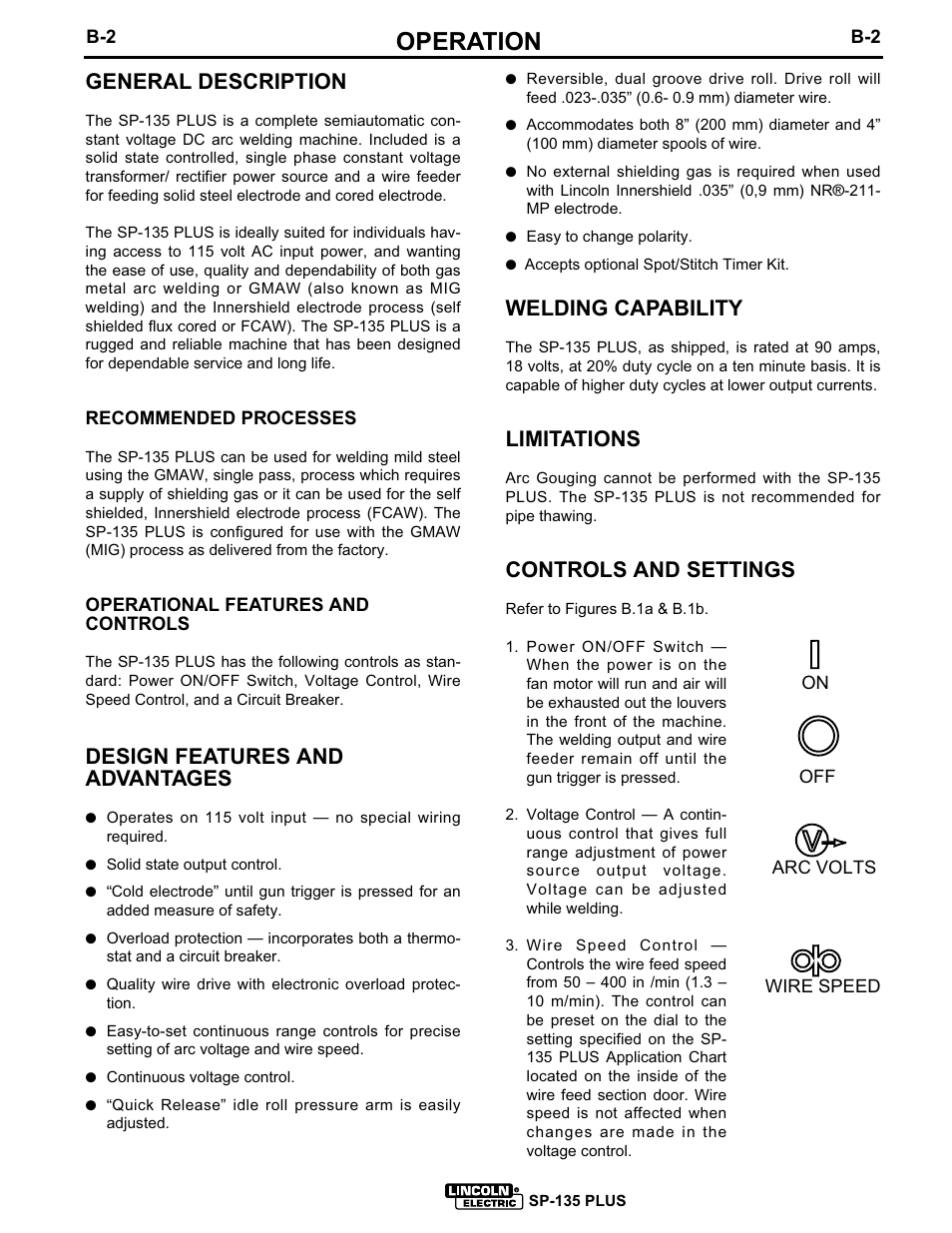 Operation, General description, Design features and advantages | Welding capability, Limitations, Controls and settings | Lincoln Electric SP-135 PLUS IM725 User Manual | Page 15 / 48