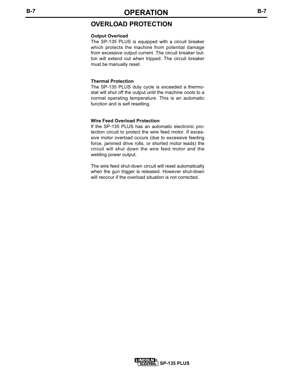 Operation, Overload protection | Lincoln Electric SP-135 PLUS IM725 User Manual | Page 20 / 48