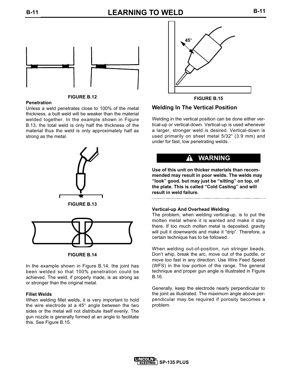 Learning to weld, Warning | Lincoln Electric SP-135 PLUS IM725 User Manual | Page 24 / 48