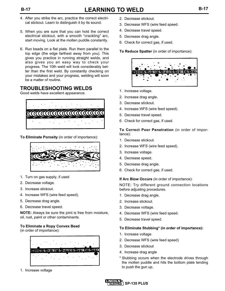 Learning to weld, Troubleshooting welds | Lincoln Electric SP-135 PLUS IM725 User Manual | Page 30 / 48