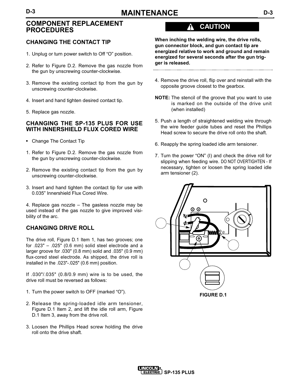 Maintenance, Component replacement procedures, Caution | Lincoln Electric SP-135 PLUS IM725 User Manual | Page 37 / 48