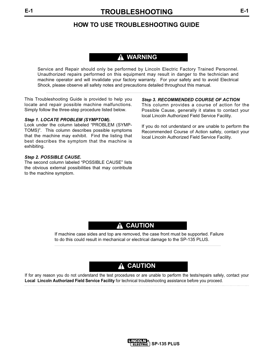 Troubleshooting, Caution, How to use troubleshooting guide | Warning | Lincoln Electric SP-135 PLUS IM725 User Manual | Page 39 / 48