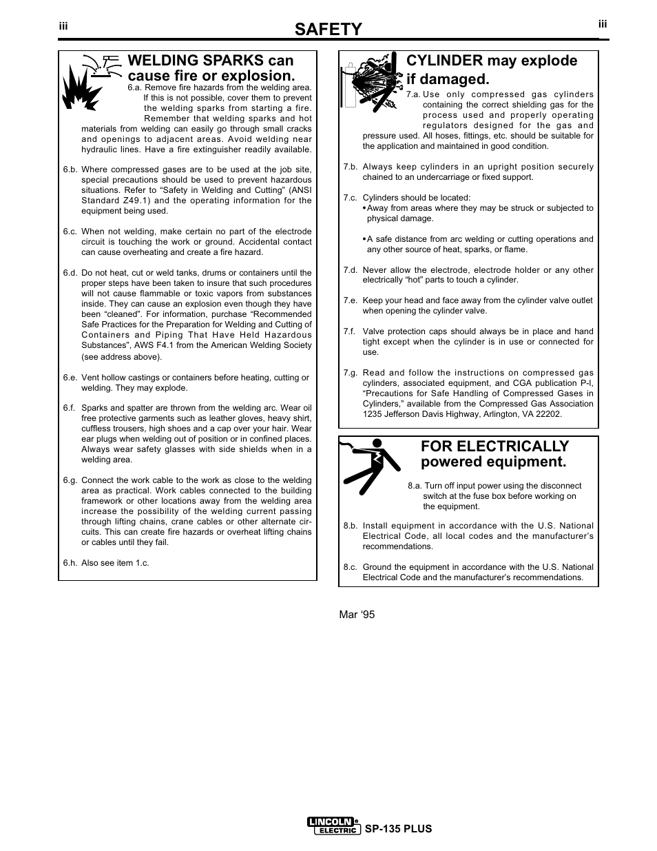 Safety, For electrically powered equipment, Cylinder may explode if damaged | Welding sparks can cause fire or explosion | Lincoln Electric SP-135 PLUS IM725 User Manual | Page 4 / 48