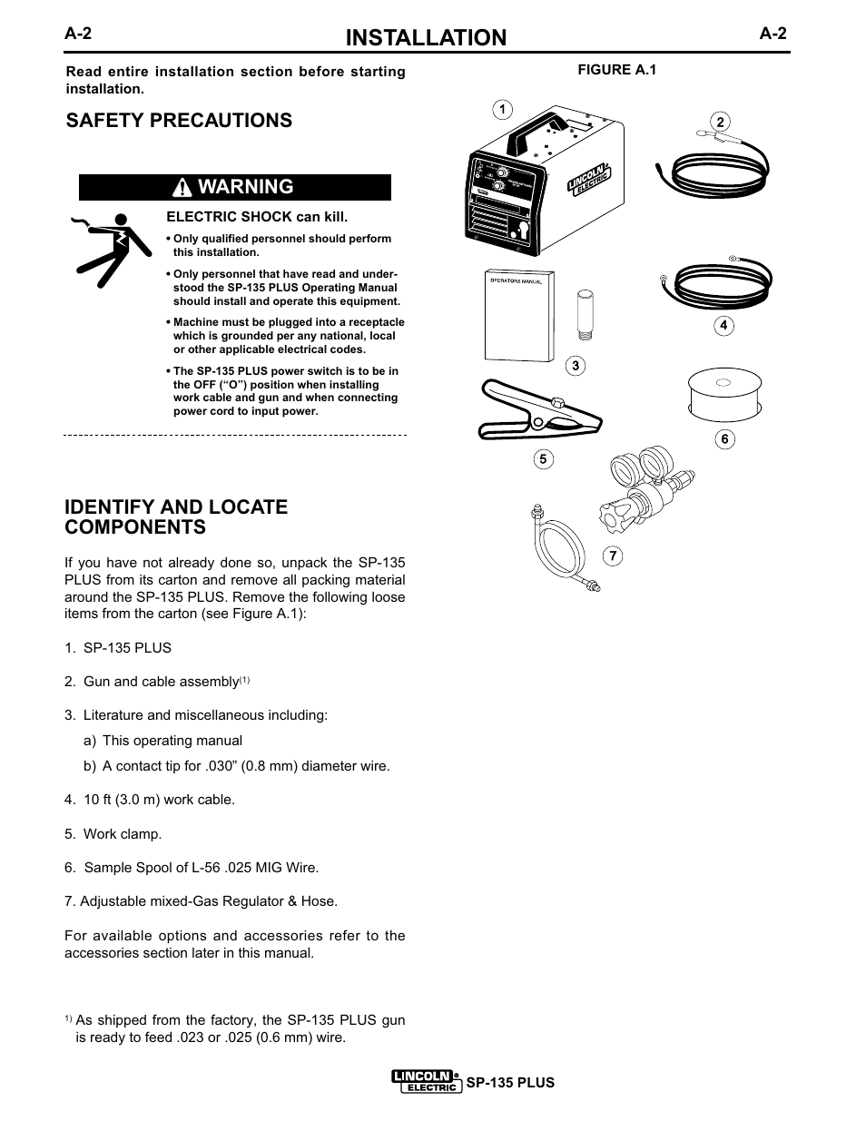 Installation, Safety precautions identify and locate components, Warning | Lincoln Electric SP-135 PLUS IM725 User Manual | Page 9 / 48