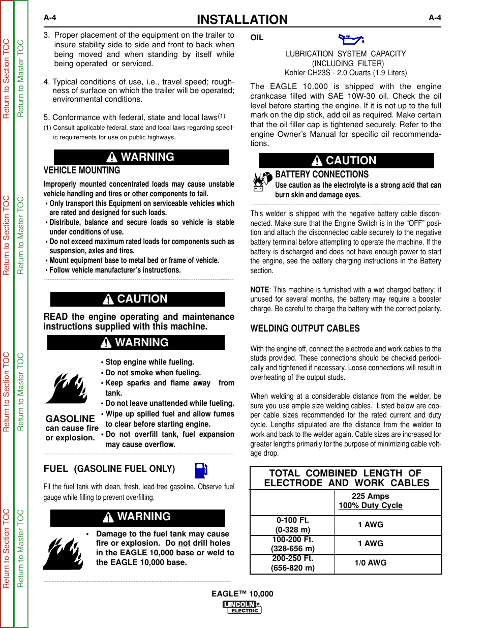 Battery connections, Welding output cables, Installation | Caution, Warning, Warning caution | Lincoln Electric EAGLE SVM192-A User Manual | Page 10 / 94