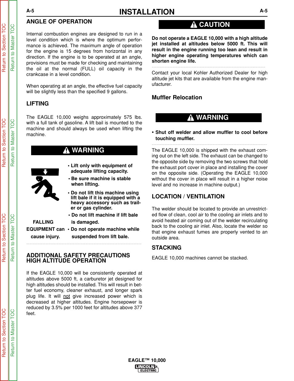 High altitude operation, Location/ventilation, Installation | Caution warning, Warning | Lincoln Electric EAGLE SVM192-A User Manual | Page 11 / 94