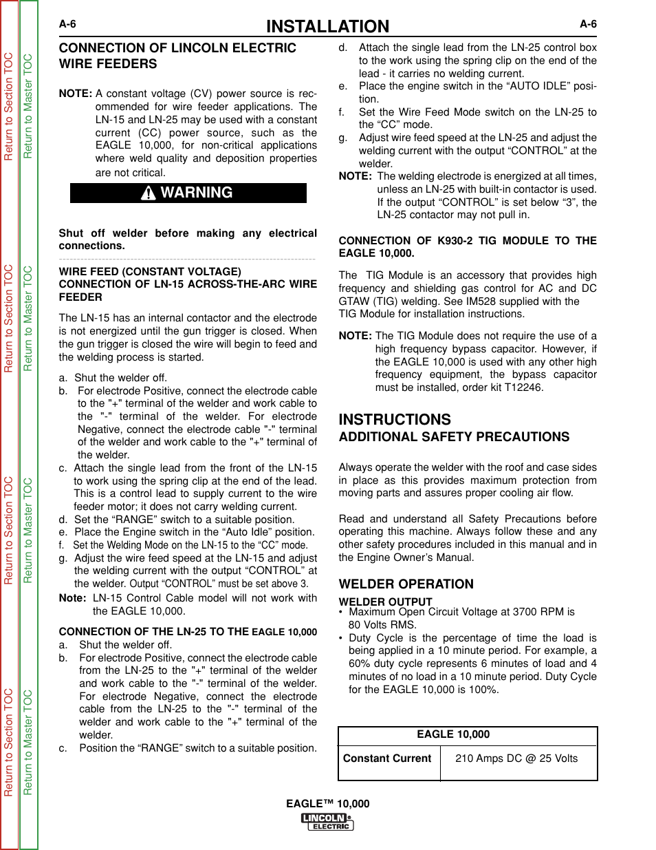 Connection of wire feeders, Additional safety precautions, Installation | Instructions, Warning | Lincoln Electric EAGLE SVM192-A User Manual | Page 12 / 94