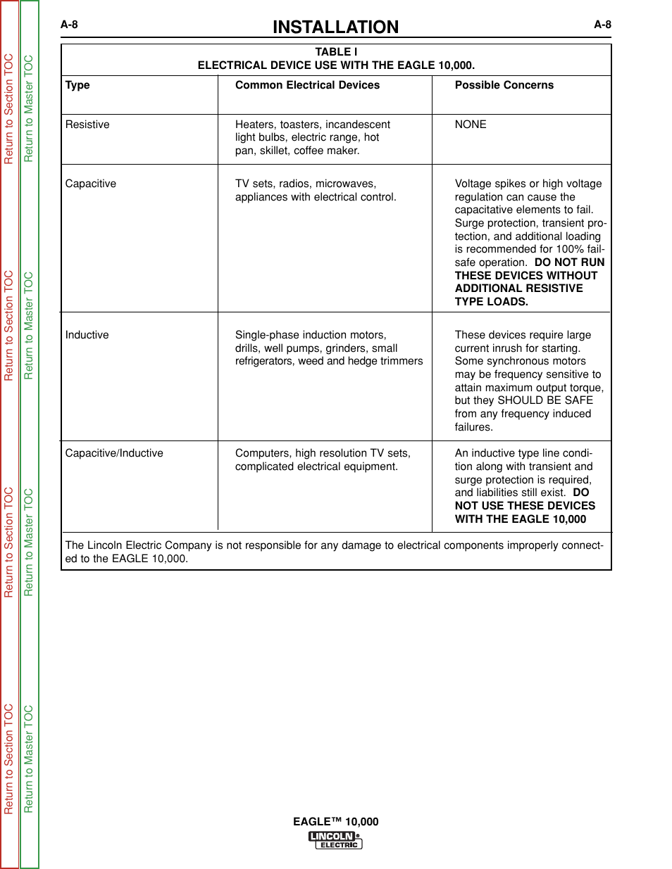 Table i, Installation | Lincoln Electric EAGLE SVM192-A User Manual | Page 14 / 94