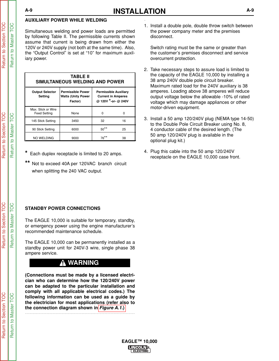 Auxiliary power while welding, Installation, Warning | Lincoln Electric EAGLE SVM192-A User Manual | Page 15 / 94