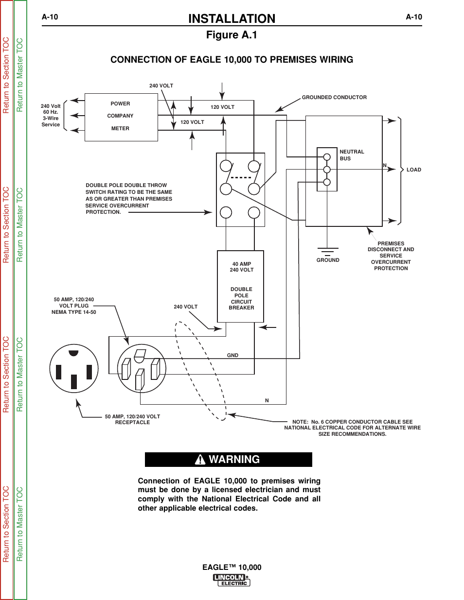 Connection of eagle 10,000 to premises wiring, A-10, Figure a.1. ) | Installation, Figure a.1, Warning | Lincoln Electric EAGLE SVM192-A User Manual | Page 16 / 94