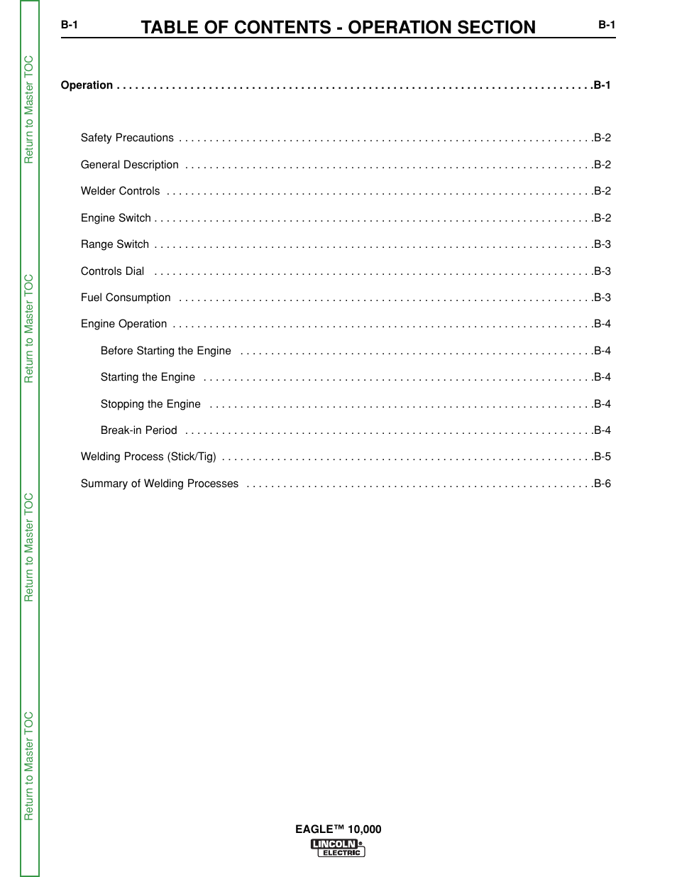 Section b - operation, Operation, Section b | Lincoln Electric EAGLE SVM192-A User Manual | Page 17 / 94